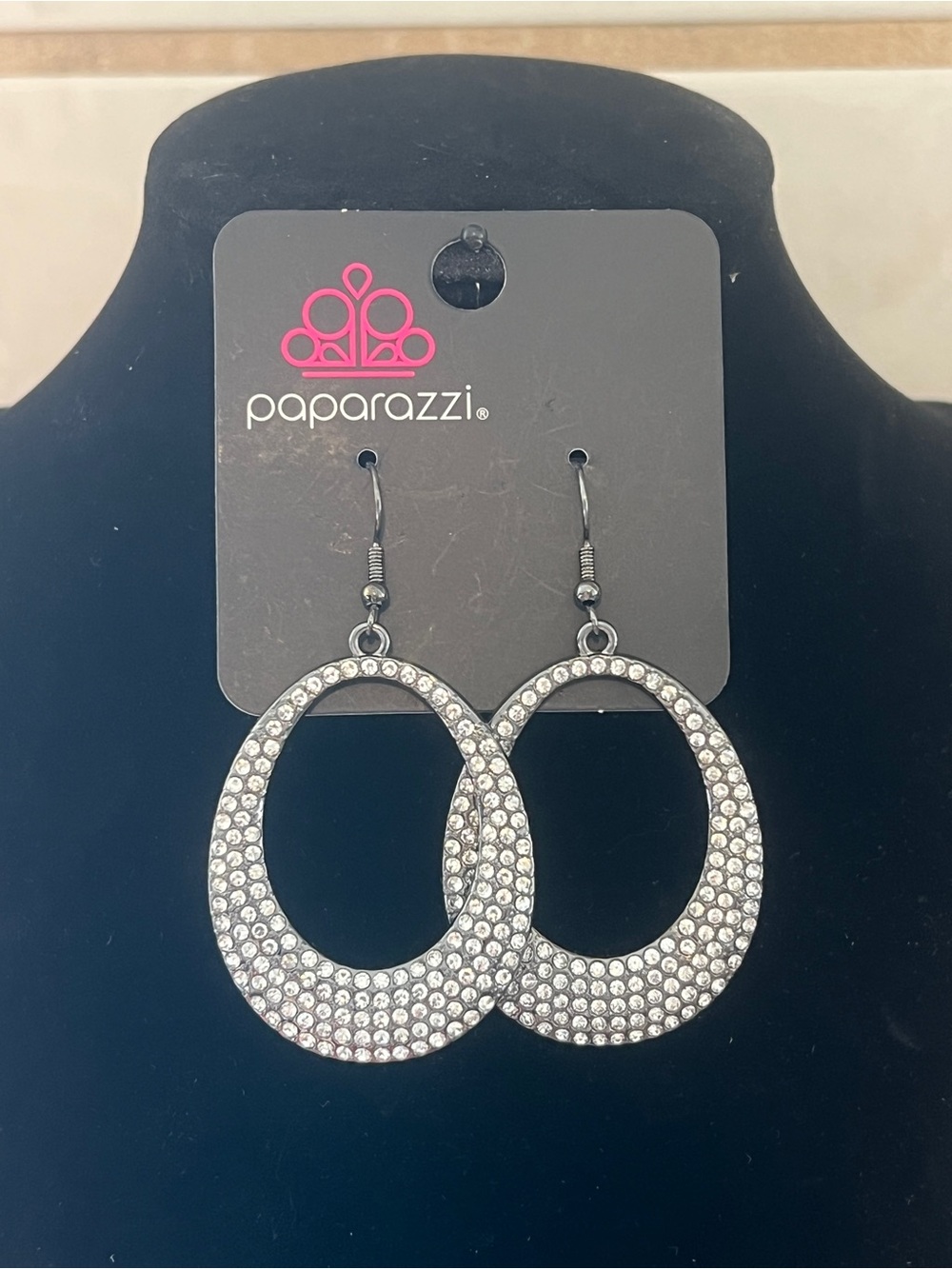 Paparazzi Silver Crystal Oval Drop Earrings with Pave Sparkle
